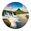 Round icon of nature with landscape. Spectacular summer sunset on famous Kirkjufellsfoss Waterfall and Kirkjufell mountain, Icelan