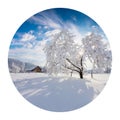 Round icon of nature with landscape. Sunny winter morning in Carpathian village with snow covered trees in garden. Photography in Royalty Free Stock Photo