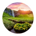 Round icon of nature with landscape. Superb morning view of Seljalandfoss Waterfall, Iceland, Europe. Photography in a circle. Royalty Free Stock Photo