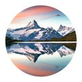 Round icon of nature with landscape. Wetterhorn peak reflected in water surface of Bachsee lake. Summer sunrise in Bernese Oberlan Royalty Free Stock Photo