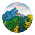 Round icon of nature with landscape. Wonderful morning view of peak Ra Gusela, Averau - Nuvolau group from Passo di Giau. Colorful