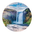 Round icon of nature with landscape. Wonderful summer view of Skogafoss Waterfall on Skoga river, Iceland, Europe. Photography in Royalty Free Stock Photo