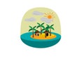 Round icon of a remote island with palm trees and shacks