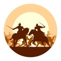 Round illustration of medieval battle with fight of two mounted Royalty Free Stock Photo