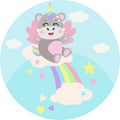 Round illustration with unicorn hippo on rainbow with clouds