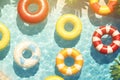 Round inflatables rubber swimming rings in pool. Generative AI Royalty Free Stock Photo