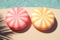 Round inflatables rubber swimming rings in pool. Generative AI Royalty Free Stock Photo