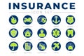 Round Insurance Icon Set with Car, Property, Fire, Life, Pet, Travel, Dental, Commercial, Health, Marine, Liability Web Icons Royalty Free Stock Photo