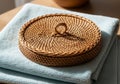 A round, intricately woven wicker box with a lid sits atop folded Royalty Free Stock Photo