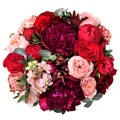 round isolated bouquet of burgundy peonies and pink roses