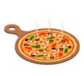 Round Italian hot pizza with seafood-shrimps on a wooden board Royalty Free Stock Photo