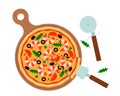 Round Italian pizza with seafood shrimp on a wooden board with a knife and spatula.