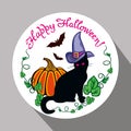 Round label with black cat in witch hat, pumpkin and hand drawn text `Happy Halloween!` Royalty Free Stock Photo