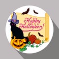 Round label with black cat in witch hat, pumpkin and hand drawn text `Happy Halloween!` Royalty Free Stock Photo