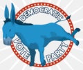 Round Label with Blue Donkey Promoting Democratic Party, Vector Illustration