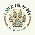 label with cats paw footprint, dollar sign, text