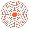 Round labyrinth puzzle with a red line showing the solution path to the center goal Royalty Free Stock Photo