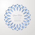 Round lace cutout frame with shadow on blue background. Paper cut 3d ornamental border. Royalty Free Stock Photo