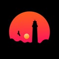 Round landscape illustration with lighthouse silhouette at sunset.
