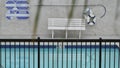 Round lifebuoy, safety on water, swimming pool by motel, California, USA. Buoy.