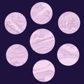 Round light purple marble pattern texture set. Vector pale illustration.