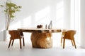 Round live edge dining table. Interior design of modern minimalist dining room. Created with generative AI Royalty Free Stock Photo