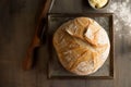 Round loaf of crusty bread grey background top view