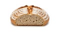 Round loaf of rustic sourdough bread, sliced in half, isolated on white background Royalty Free Stock Photo