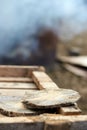 Round log house. Wooden disk. Blurred Background Royalty Free Stock Photo