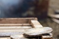 Round log house. Wooden disk. Blurred Background Royalty Free Stock Photo