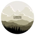 Round logo for camping, hunting season. Silhouette of spruce forest and mountains on the horizon.