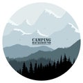Round logo for camping, hunting season. Silhouette of spruce forest and mountains on the horizon