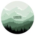 Round logo for camping, hunting season. Silhouette of spruce forest and mountains on the horizon.