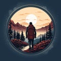 round logo emblem with back of a man traveler tourist with a backpack in mountains. Symbol badge for travel company for