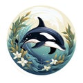round logo emblem symbol with a dolphin on white background