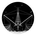 Round logo, fishing schooner, trawler on the high seas produces fish. Stormy weather, waves, seagulls. Black-white illustration,