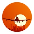 Round logo illustration of flying airplane at sunset.