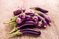 Round and long fresh organic raw purple brinjal or eggplant or aubergine. Healthy and delicious purple eggplants on wood table.