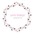 Round loving design, Lorem Ipsum background. Painting pink and black loving birds, blooming branches, hearts on white