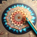 Round mandala drawing made by colored pencils.