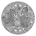 Round mandala pattern with cats for coloring book.