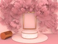 Round marble pedestal, golden border and leaves and pink palm overlap to form art dimensions.The golden picture frame can be used