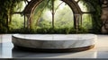 Round marble podium on the floor in the garden