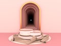 Round marble Podium, golden border On a knit fabric on the floor and pink wall with arch Gold color frame open, Podium can be used