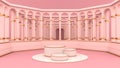 Round marble podium, golden border and pink floor, and pink walls with circular arches.The golden frame can be used for commercial