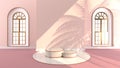 Round marble Podium, golden border, The sunlight shines And the pink wall with arched windows with shadow of leaf. Podium Can be u Royalty Free Stock Photo