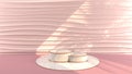 Round marble Podium, golden border, The sunlight shines The pink wall into waves scene with shadow of leaf. Pedestal Can be used f