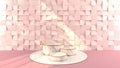 Round marble Podium, golden border, The sunlight shines small square pink wall scene with shadow of leaf. Pedestal Can be used for