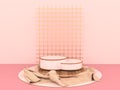 Round marble Podium, golden border on wooden Podium and Knit fabric on the floor. Golden iron weave together form art dimensions c