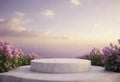 Round marble podium for presentation decorated lilac flowers. Cloudy sunset sky in background. Copy space. Luxury beauty Royalty Free Stock Photo